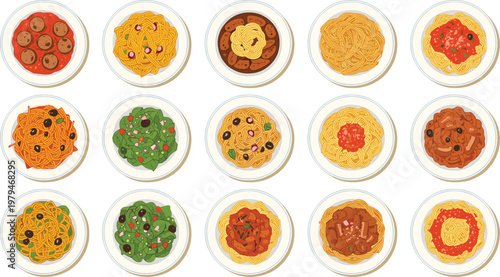 Italian Cuisine Vector Set with Pasta, Spaghetti, Cookies, Meatballs, and Sauces for Restaurant Menus, Food Blogs, and Graphic Projects