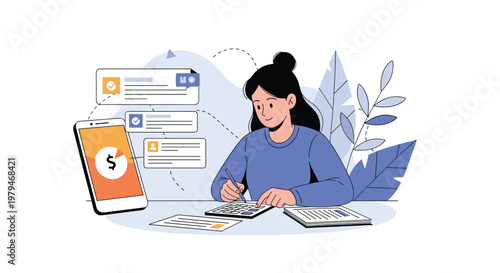 Financial planning and household budgeting concept with a woman calculating expenses and reviewing money charts.