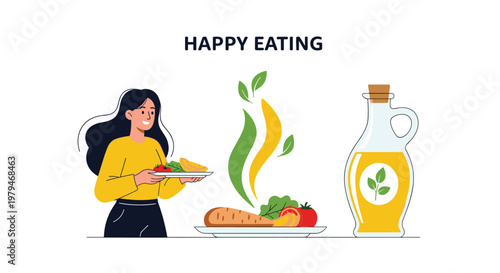 Smiling young woman holding a plate with a healthy salad and omelet next to a large bottle of fresh organic olive oil.