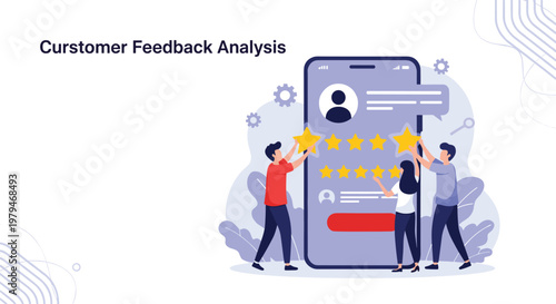 Diverse group of people interacting with a giant smartphone screen to provide customer feedback and analyze user satisfaction ratings.