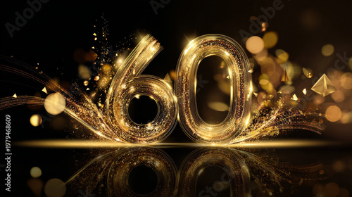 60th Anniversary luxury gold celebration with elegant outline numbers and golden glitter lights in shapes logo vector design concept. Sixty years anniversary gold template for celebration event, card.