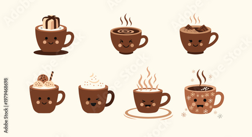 Set of six adorable cartoon coffee cups with cute faces and different toppings like marshmallows, cream, chocolate, and snowflakes.