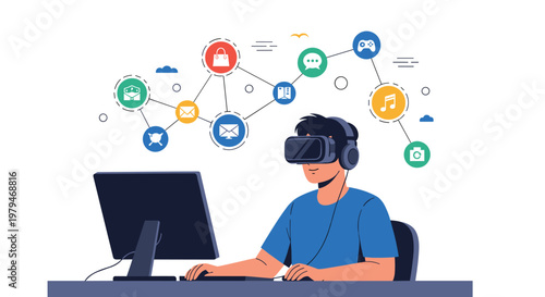 Young man using a virtual reality headset at his computer desk with various social media and communication icons floating around him.
