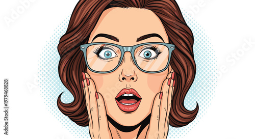 Surprised young woman with glasses holding her face in a classic pop art style with a dotted background and expressive facial features.