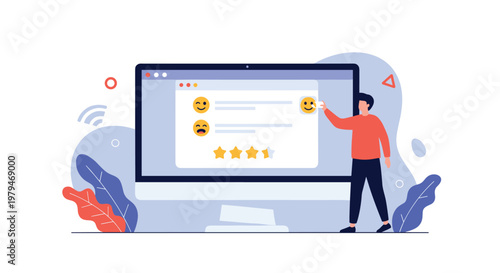 Man interacting with a giant computer monitor to submit a customer review with star ratings and various expressive emoji faces.