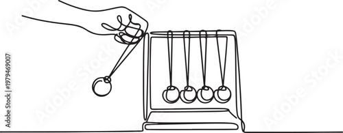 Simple continuous line drawing Newton cradle pendulums kinetic balls hand pulling one. Subjects concept in school and university. One line draw graphic design vector