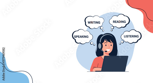 Young girl using a laptop to learn English with speech bubbles showing different skills like writing, reading, listening, and speaking.