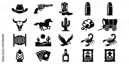 Collection of cowboy and western symbols including horses, cacti, guns, and vintage items, ideal for retro, wild west, and adventure design concepts.