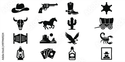 Creative western icon set with sheriff stars, rope, wagon, animals, and desert scenery, modern vector style suitable for vintage, western, and cowboy branding.
