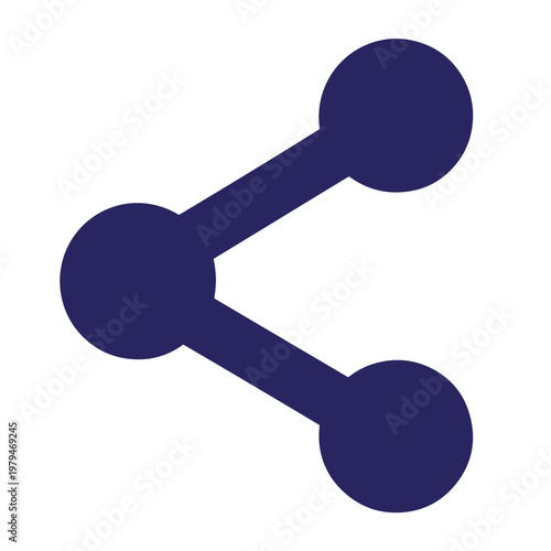 Dark blue share featuring three solid circles connected by two straight lines, isolated on a white background, minimalist symbol for social media and data connectivity