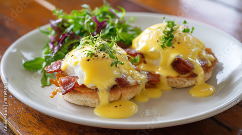 Eggs benedict with poached eggs and bacon on toasted bread