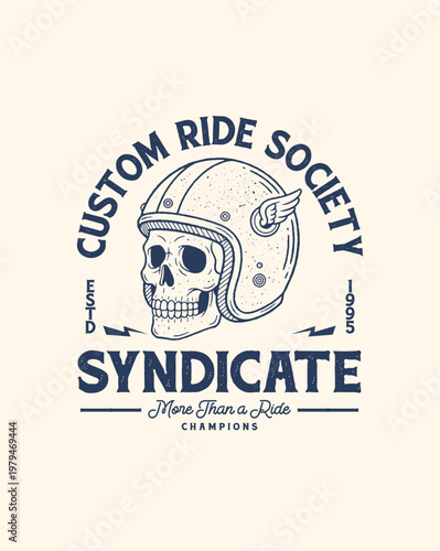 Custom Ride Society Syndicate logo with skull in motorcycle helm