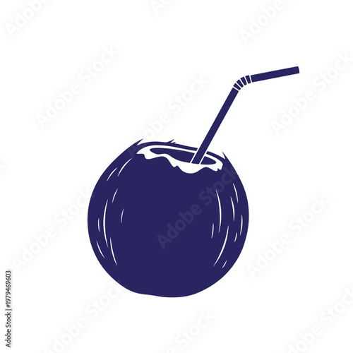Dark blue coconut with straw, of a tropical drink beverage