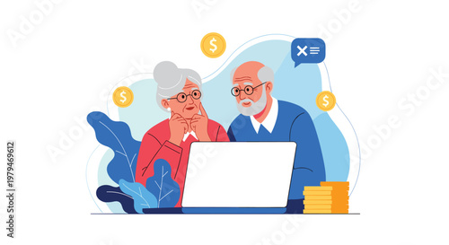 Senior man and woman sitting at a table using a laptop to manage their finances with golden coins and money symbols around them.