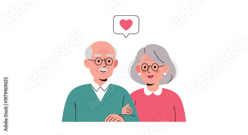 Happy elderly couple smiling and standing together with a small heart in a speech bubble above them representing love and companionship.
