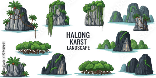 A collection of vector illustrations depicting various Halong Bay limestone karst formations mangroves and tropical flora