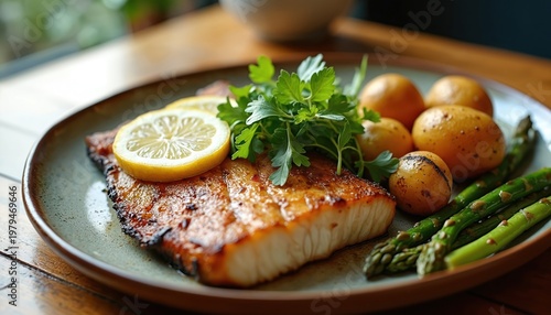 Fillet of barramundi fish served with lemon slices, roasted baby potatoes, and fresh asparagus spears on a rustic plate. Savory main course food prep with herbs and parsley garnish.