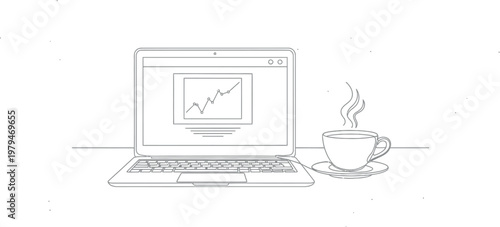 Laptop computer displaying a growing financial stock market chart with a hot steaming cup of fresh coffee placed neatly on a workspace table for analyzing digital data trends during daily work