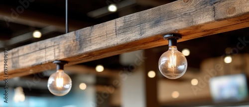 Four light bulbs hang from a wooden beam in a ceiling, casting warm light in an indoor area for brightening the space