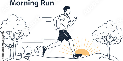A charming outline illustration features a dedicated man enjoying his refreshing morning run outdoors, symbolizing health, wellness, and an active lifestyle at sunrise amidst natural scenery.