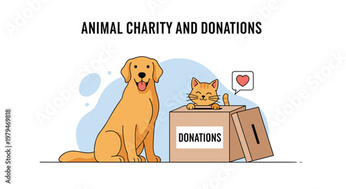 Cute golden retriever dog and a ginger cat sitting next to a cardboard donation box for animal charity and pet rescue programs.