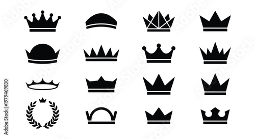 Royal crown silhouettes set, 16 black heraldic icons for premium branding, luxury king and queen headwear symbols, minimalist laurel wreath vector