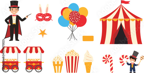 Circus and Carnival Icon Set with Magician, Balloons, Popcorn, Ice Cream, Tent, and Candy for Event Design, Party Invitations, and Graphic Projects