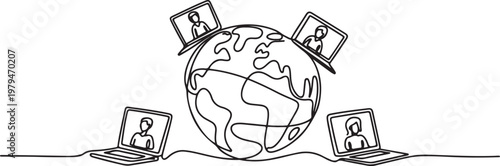Social network. Continuous one line drawing of laptops with some people on screen and globe. learning or meeting online with teleconference One line draw graphic design vector