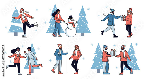 Diverse people enjoying various winter outdoor activities like ice skating, skiing, and building a snowman together.