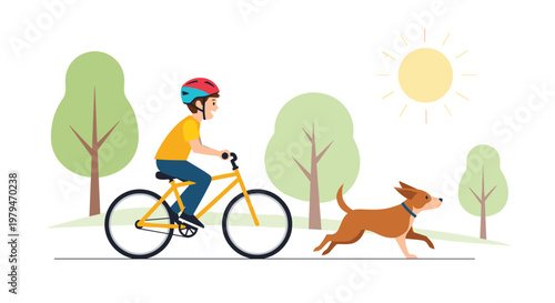 Happy young boy wearing a helmet while riding a yellow bicycle as his pet dog runs alongside him in a sunny park.