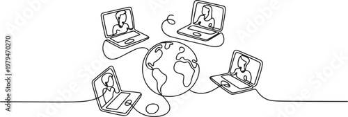Social network. Continuous one line drawing of laptops with some people on screen and globe. learning or meeting online with teleconference One line draw graphic design vector