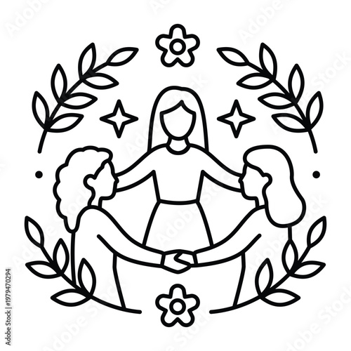 Sisterhood illustration with three women holding hands in circle minimalist line art