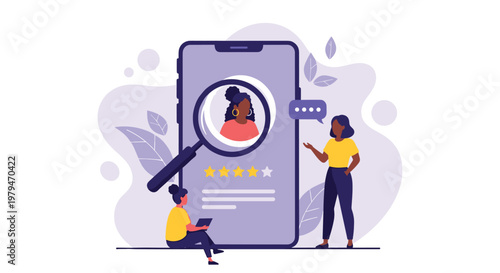 Two women using a smartphone app to search for professional profiles and give star ratings for online service quality.