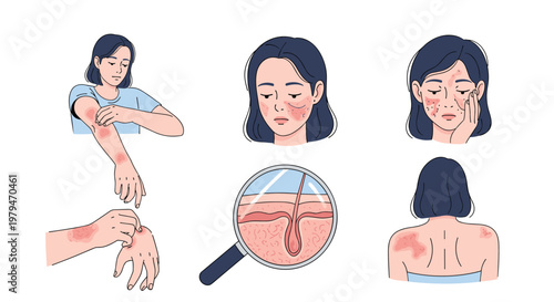 Informative illustration of various skin problems and conditions with a magnifying glass showing the dermal layers.