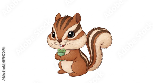 Cute Cartoon Chipmunk Holding Green Nut.