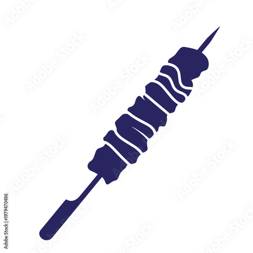 Dark blue kebab skewer with meat and white lines, on white background, food barbecue