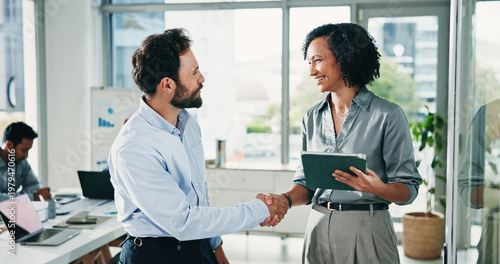 Bild auf Leinwand People, handshake and tablet with smile at office for interview, hiring or thanks at human resource company