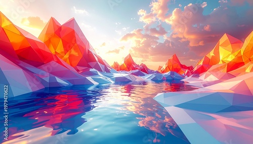 Low poly abstract mountain landscape background with sunset reflection