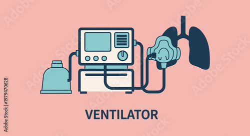Medical Ventilator Machine Connected to Lungs for Respiration Assistance and Breathing Support
