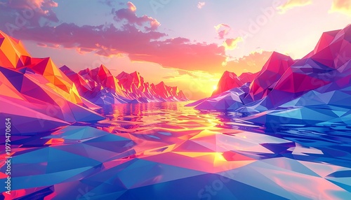 Low poly mountain landscape at sunset abstract geometric 3d background