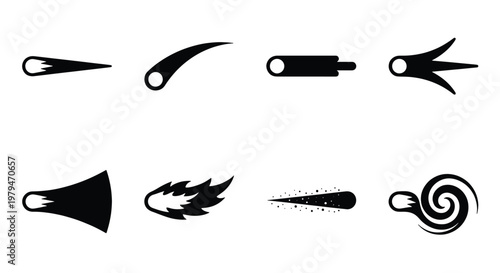 Black comet icons set, minimalist asteroid and meteor silhouettes, 8 vector shooting star symbols, celestial motion graphic elements for space design