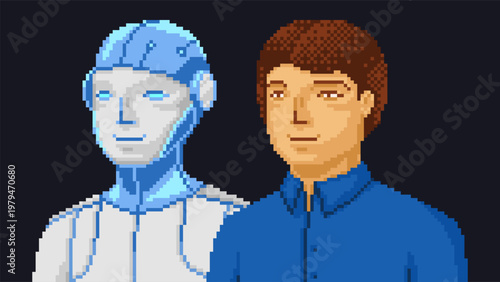 Pixel art illustration of human and humanoid robot side by side. Concept of artificial intelligence cooperation, automation, digital work and future technology.