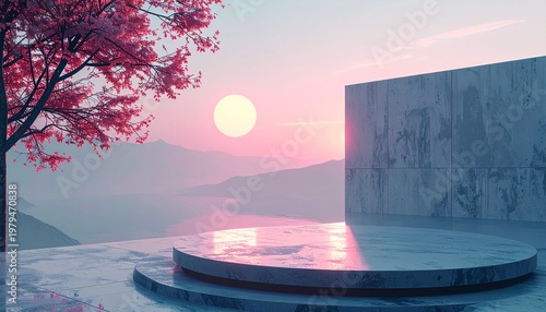 Product podium display platform with cherry blossom sunset background