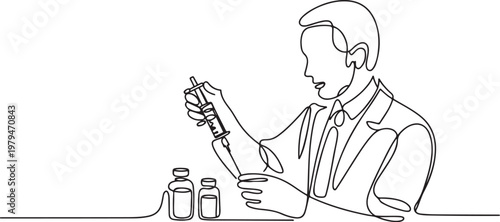 The doctor is preparing the injection equipment with anesthesia. One line draw graphic design vector