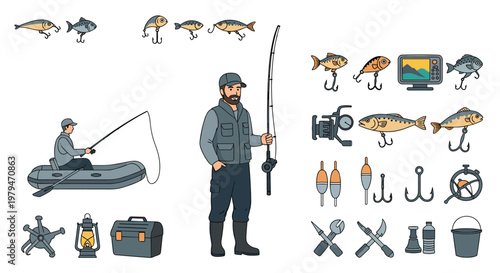 Set of fishing equipment and characters featuring a man standing with a rod and another in an inflatable boat.