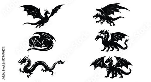 Mythical dragon silhouette set, 6 black dragon vector icons, fantasy creature illustrations for gaming and logos, flying and sleeping dragon graphics
