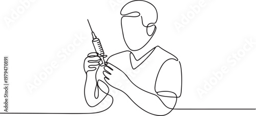 The doctor is preparing the injection equipment with anesthesia. One line draw graphic design vector