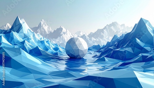 Low poly geometric landscape with blue mountains and sphere