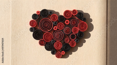 Red and Black Paper Quilling Heart on Textured Beige Background