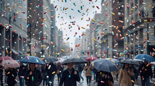 Surreal Rain Of Colorful Pills Over People With Umbrellas In City Street